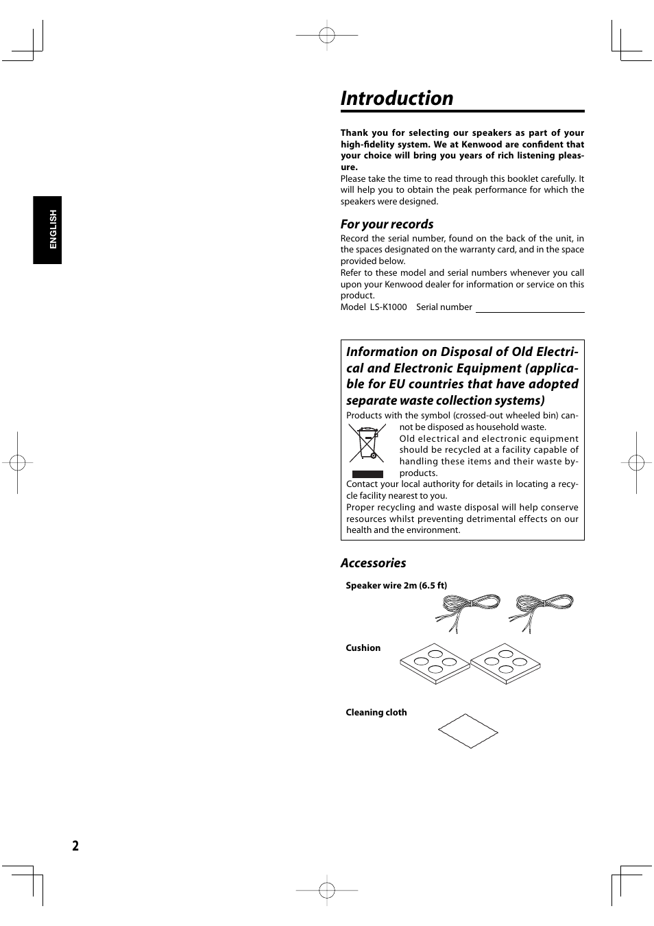 Introduction, Accessories, For your records | Kenwood K-1000-B User Manual | Page 2 / 20