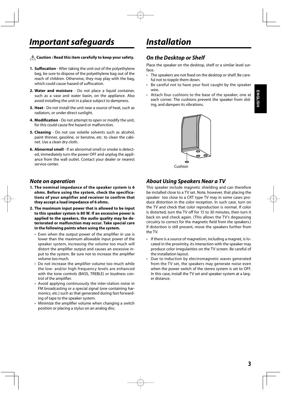 Important safeguards, Installation, About using speakers near a tv | On the desktop or shelf | Kenwood K-1000-B User Manual | Page 3 / 20