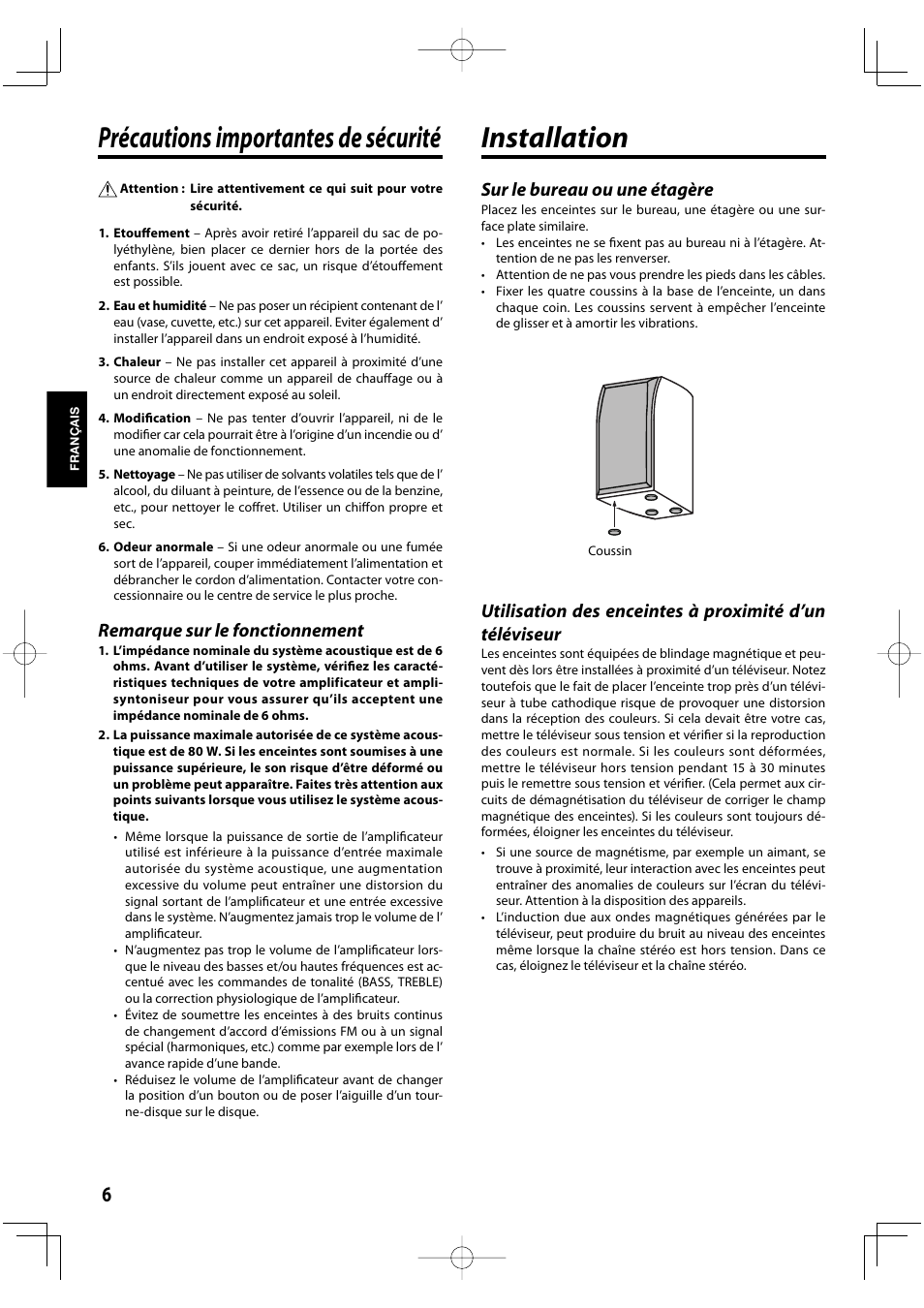 Précautions importantes de sécurité, Installation, Remarque sur le fonctionnement | Sur le bureau ou une étagère | Kenwood K-1000-B User Manual | Page 6 / 20