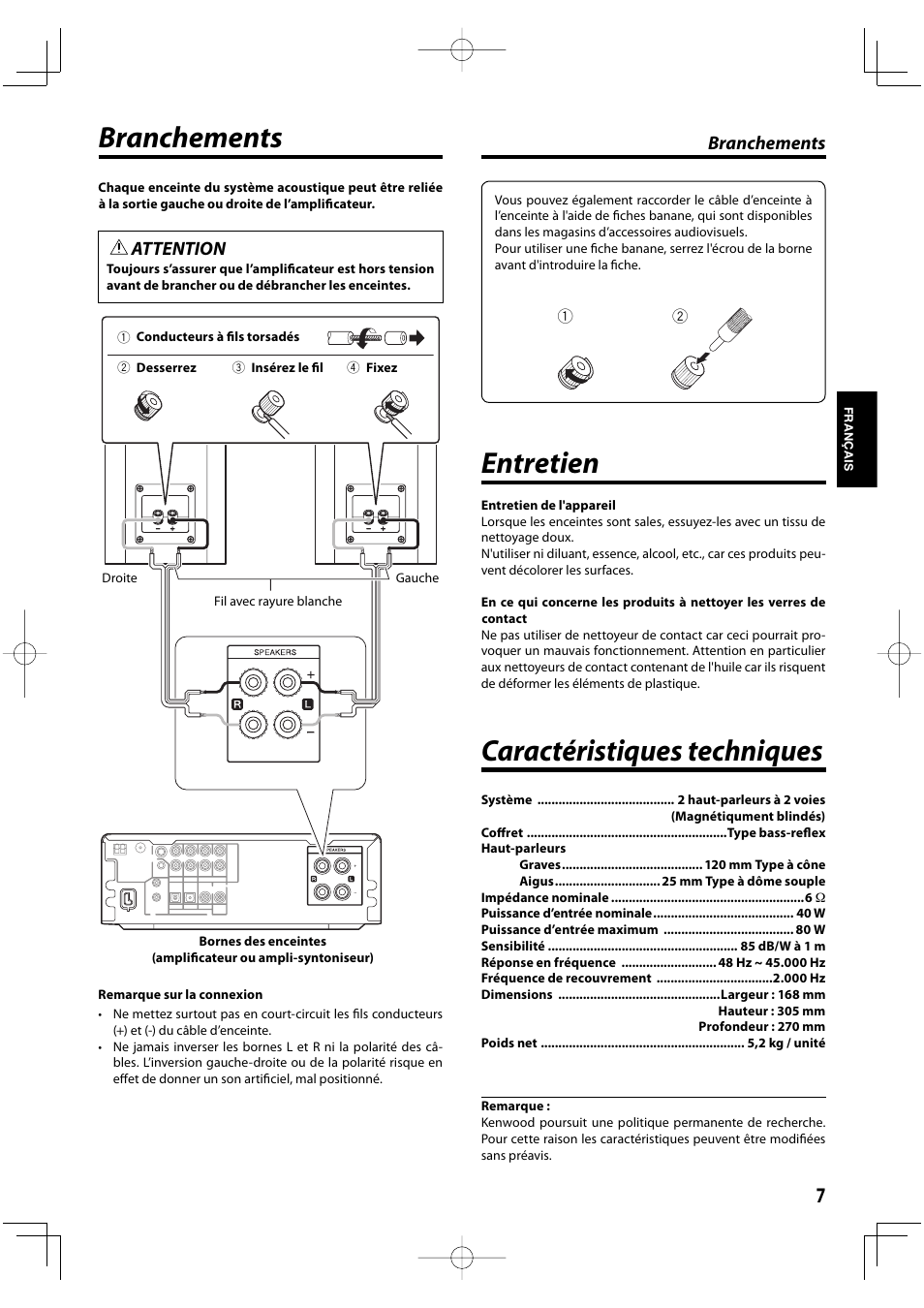 Caractéristiques techniques, Branchements, Entretien | Attention | Kenwood K-1000-B User Manual | Page 7 / 20