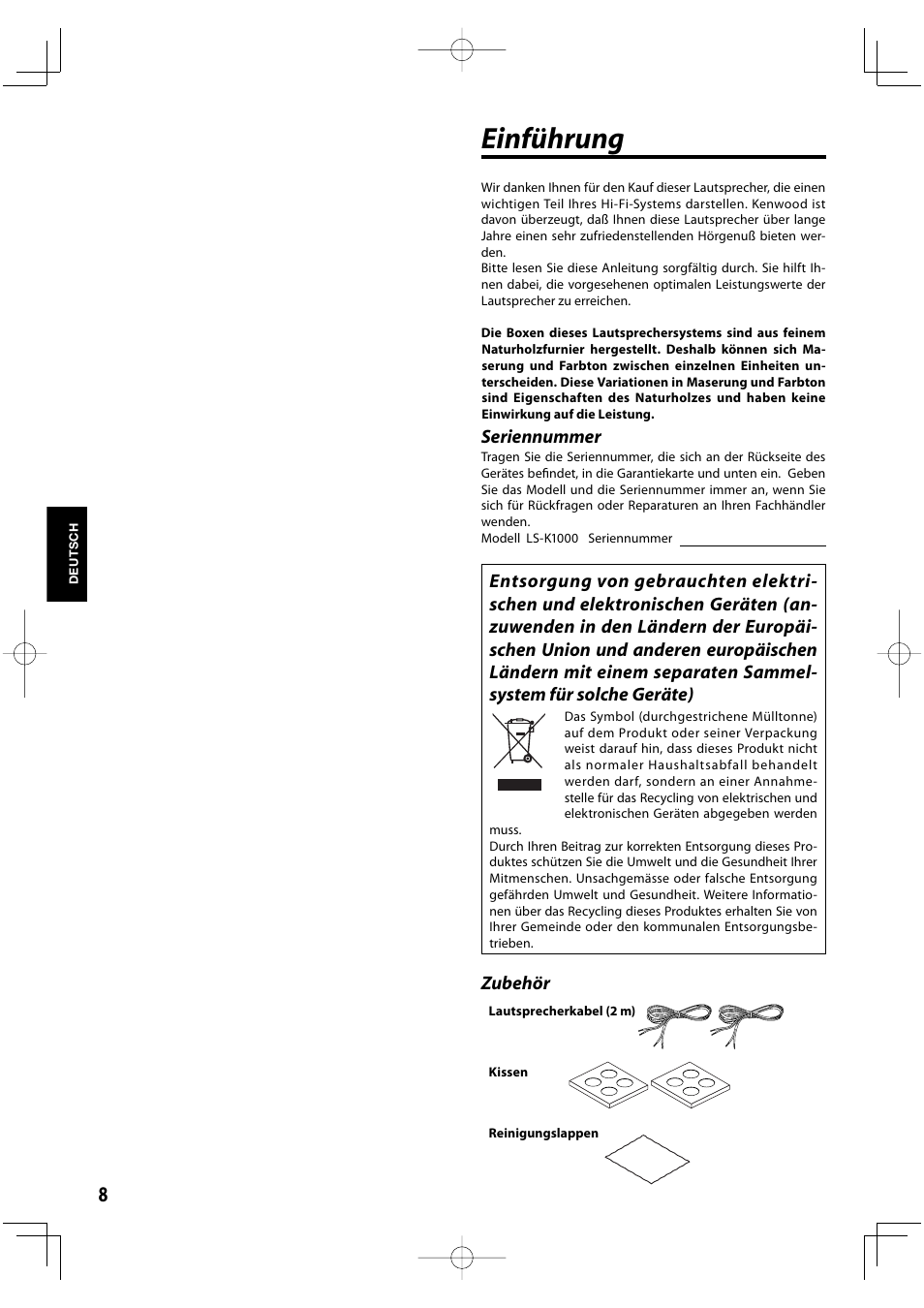 Einführung, Seriennummer, Zubehör | Kenwood K-1000-B User Manual | Page 8 / 20