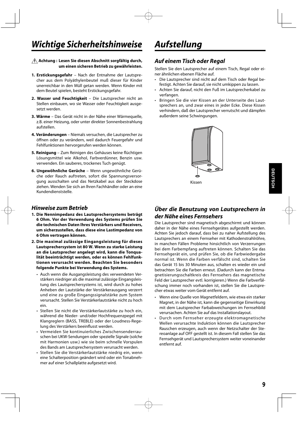 Wichtige sicherheitshinweise, Aufstellung, Hinweise zum betrieb | Auf einem tisch oder regal | Kenwood K-1000-B User Manual | Page 9 / 20