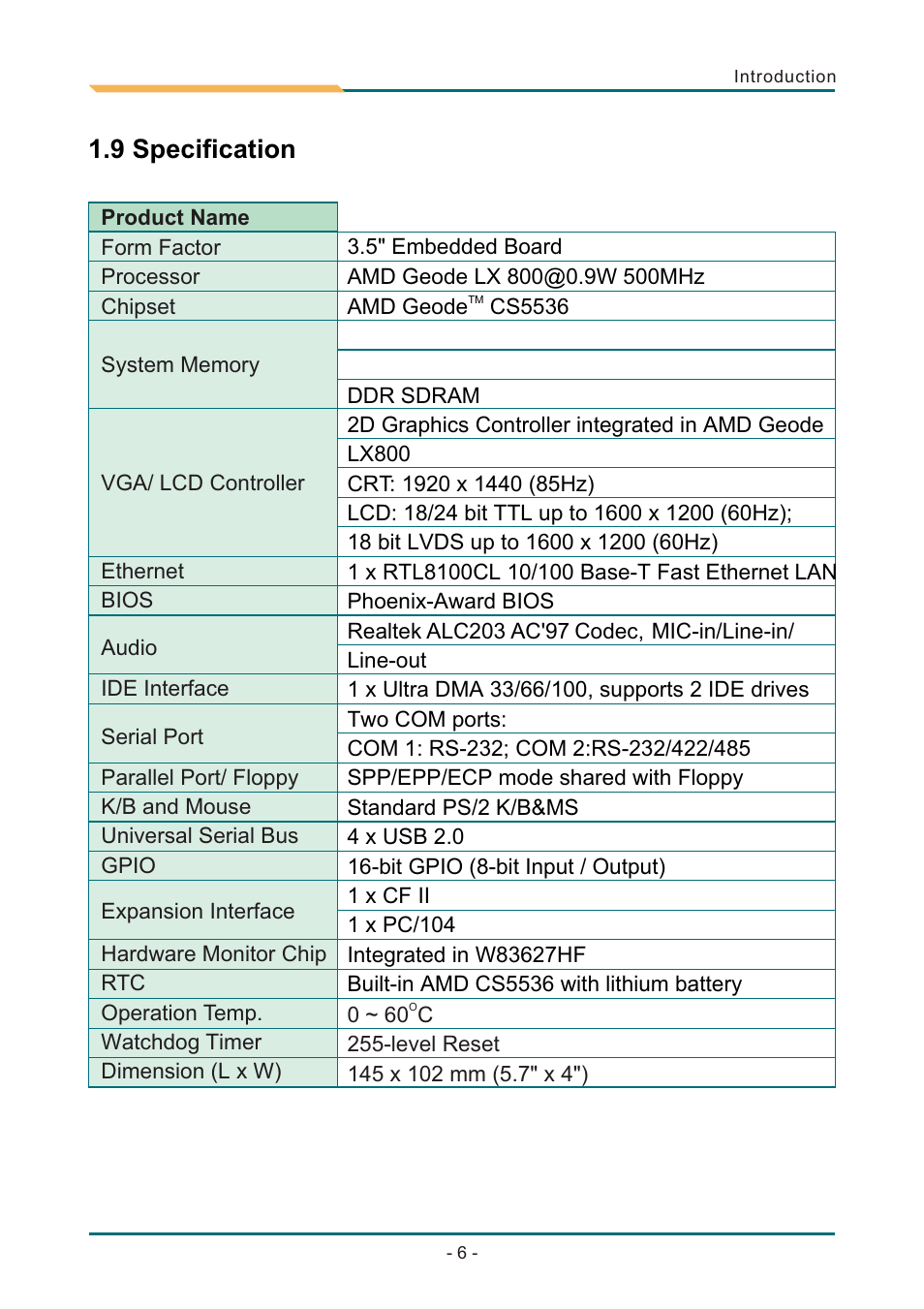 Т³гж 10, 9 specification 1.10 board dimensions | AMD SBX-5363 User Manual | Page 10 / 55