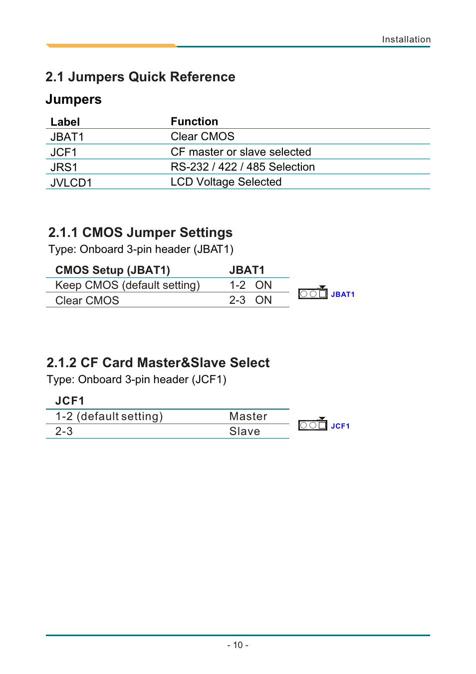 Т³гж 14, 1 jumpers quick reference jumpers, 1 cmos jumper settings | 2 cf card master&slave select, 3 serial port select | AMD SBX-5363 User Manual | Page 14 / 55