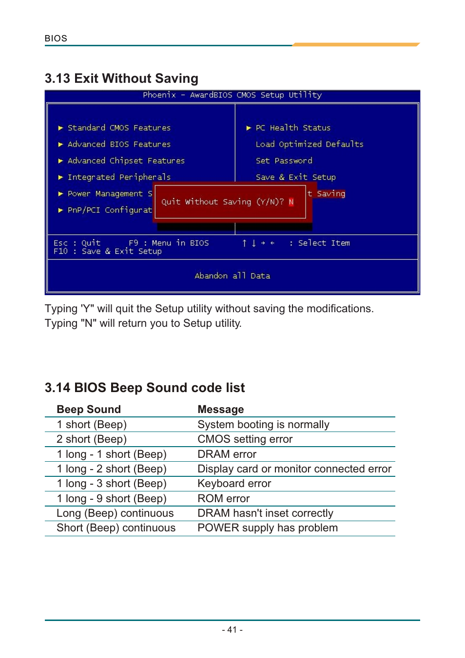 Т³гж 45, 12 save & exit setup, 13 exit without saving | 14 bios beep sound code list | AMD SBX-5363 User Manual | Page 45 / 55