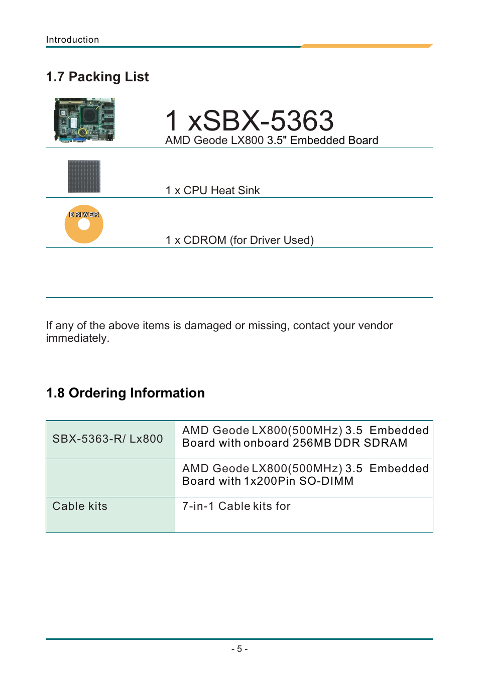 Т³гж 9, 6 warranty, 7 packing list | 8 ordering information | AMD SBX-5363 User Manual | Page 9 / 55