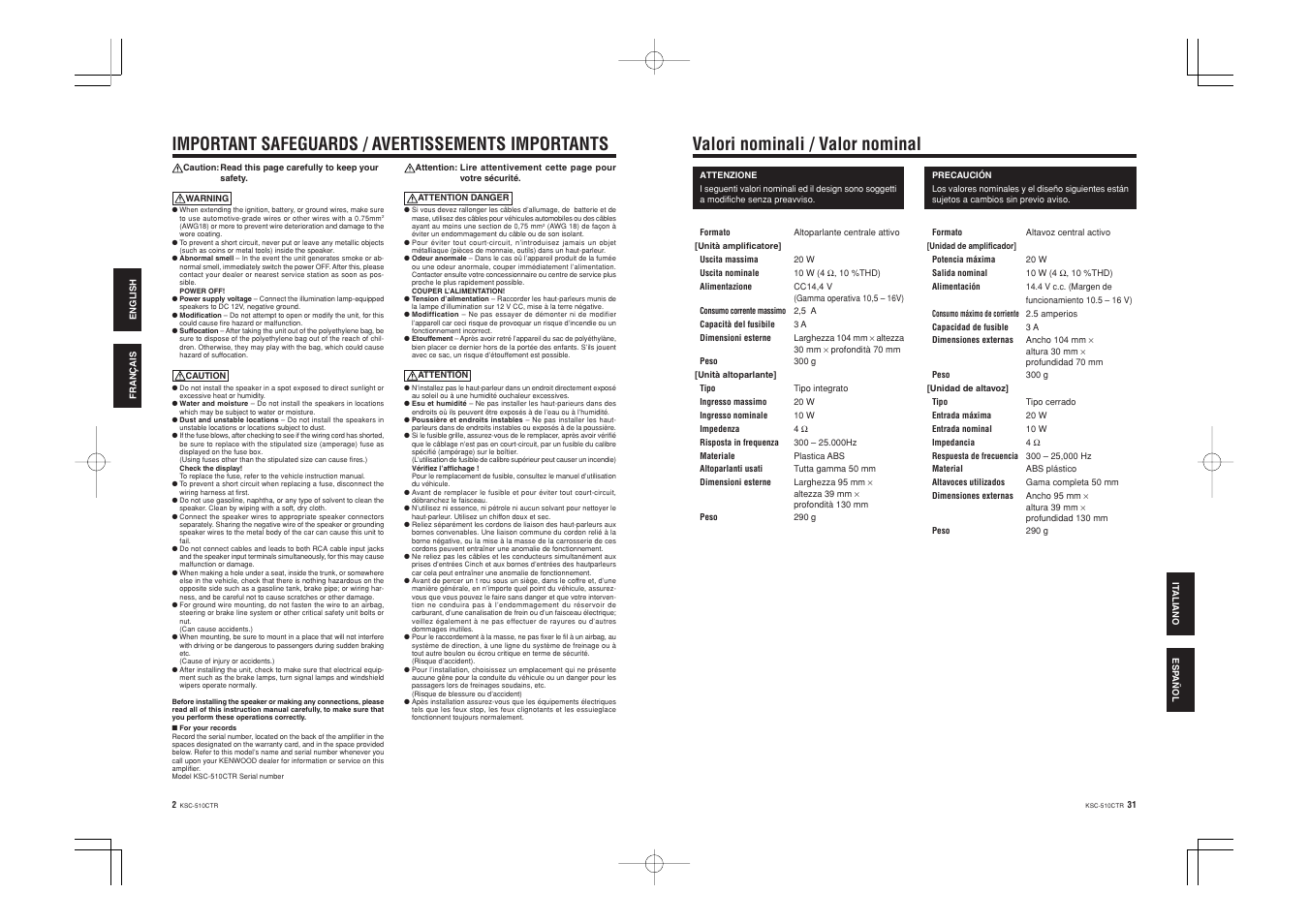 Valori nominali / valor nominal, Important safeguards / avertissements importants | Kenwood KSC-510CTR User Manual | Page 2 / 11