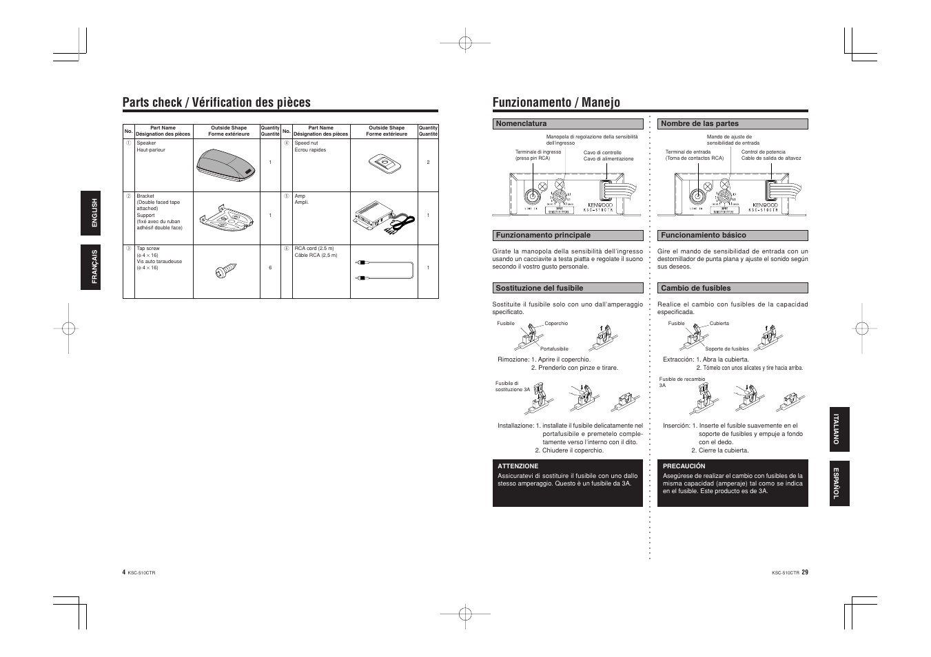 Funzionamento / manejo, Parts check / vérification des pièces | Kenwood KSC-510CTR User Manual | Page 4 / 11