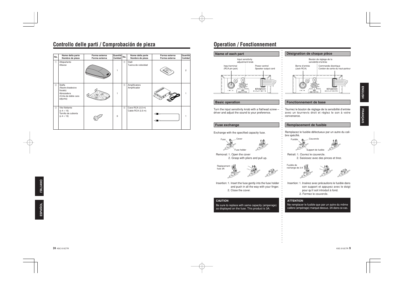 Operation / fonctionnement, Controllo delle parti / comprobación de pieza | Kenwood KSC-510CTR User Manual | Page 9 / 11
