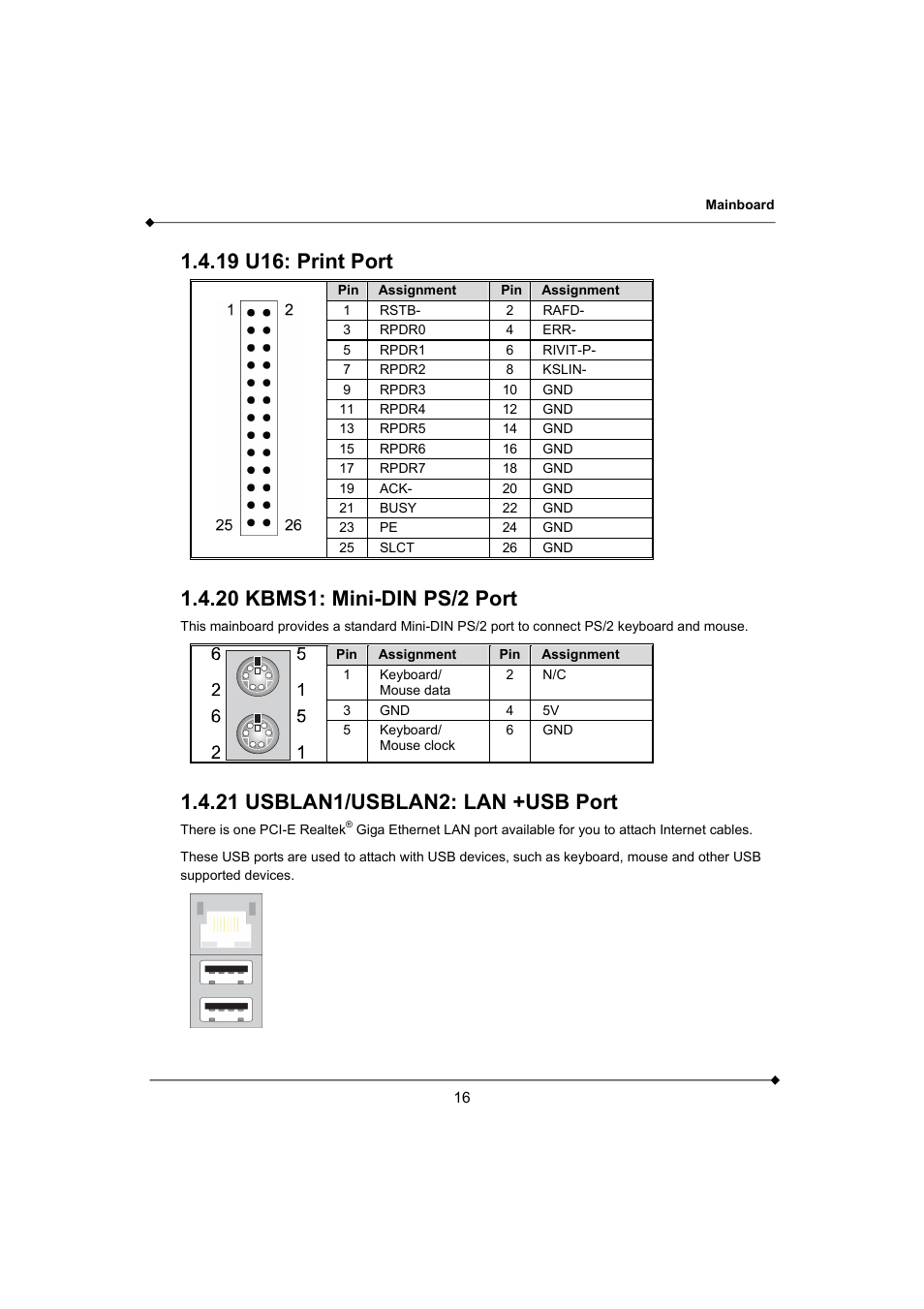 19 u16: print port, 20 kbms1: mini-din ps/2 port, 21 usblan1/usblan2: lan +usb port | AMD K3780E User Manual | Page 20 / 43