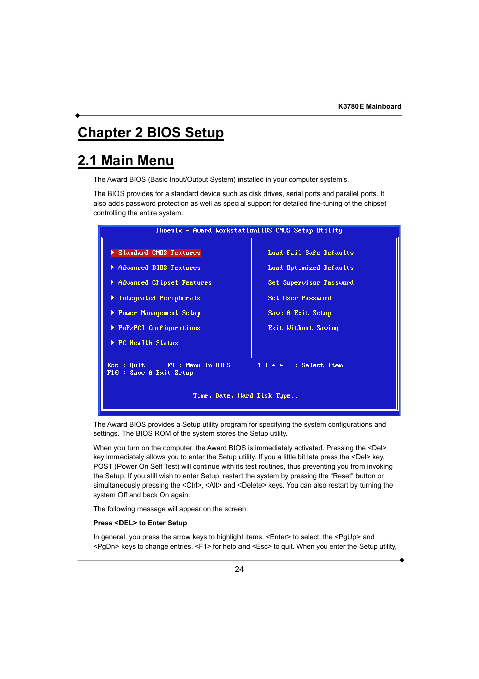 Chapter 2 bios setup 2.1 main menu | AMD K3780E User Manual | Page 28 / 43