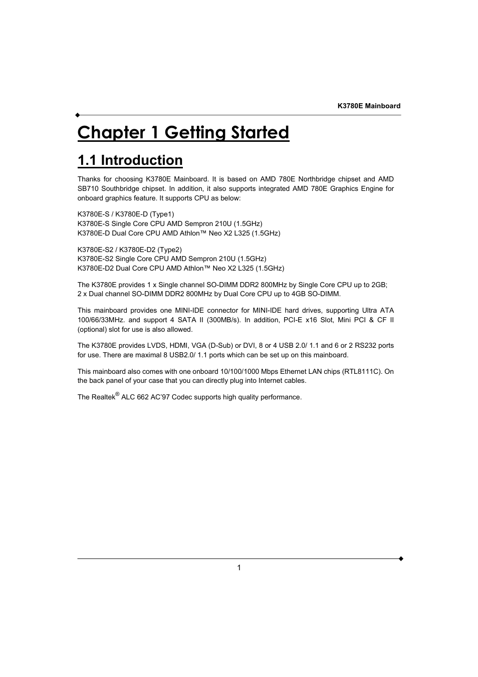 Chapter 1 getting started, 1 introduction | AMD K3780E User Manual | Page 5 / 43