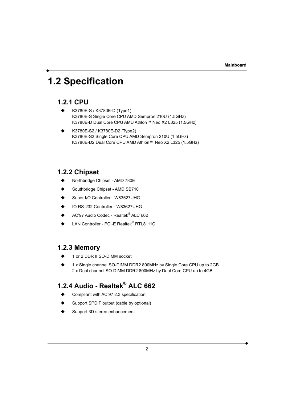 2 specification, 1 cpu, 2 chipset | 4 audio - realtek, Alc 662 | AMD K3780E User Manual | Page 6 / 43