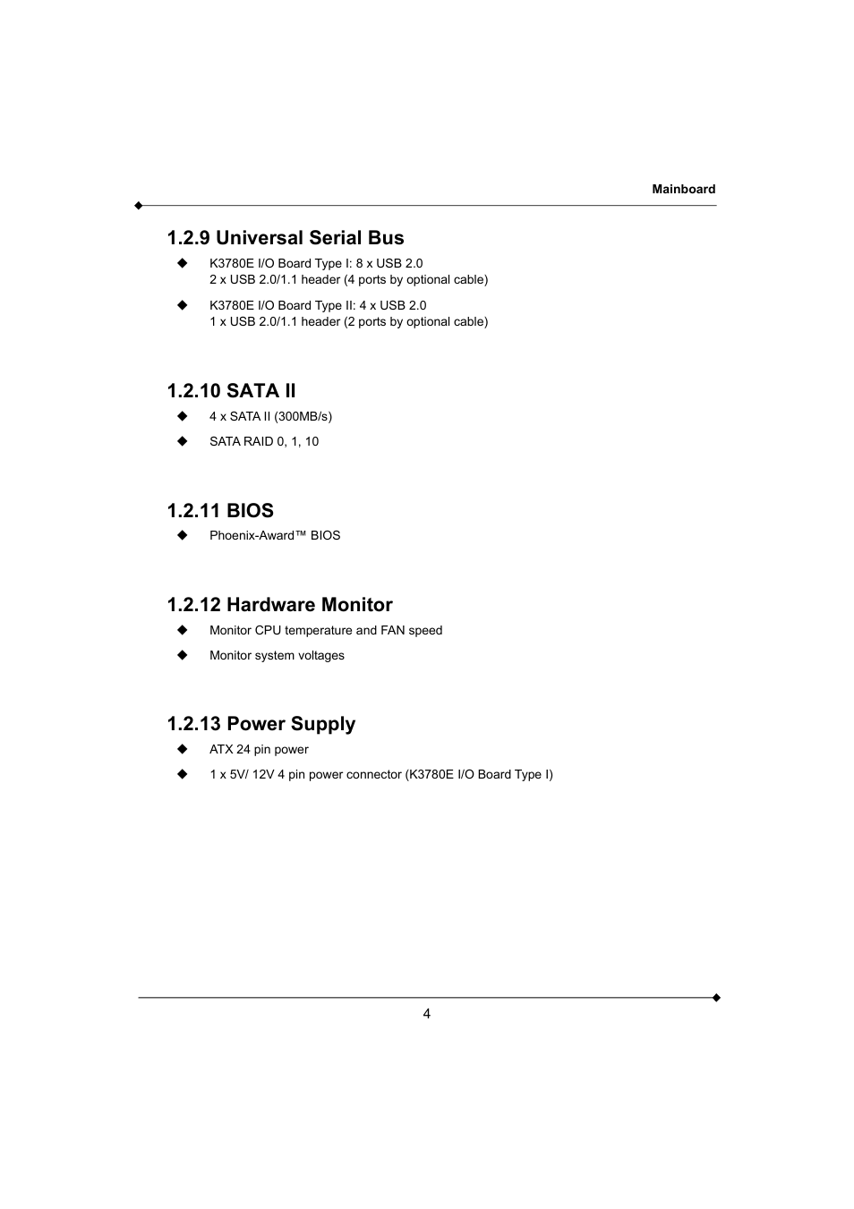 9 universal serial bus, 10 sata ii, 11 bios | 12 hardware monitor, 13 power supply | AMD K3780E User Manual | Page 8 / 43