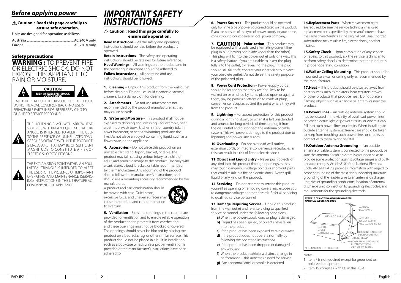 Important safety instructions, Before applying power, Caution | Kenwood PAD-iP7 User Manual | Page 2 / 6