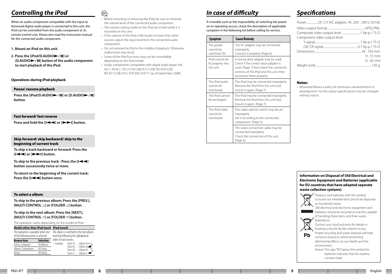 Controlling the ipod | Kenwood PAD-iP7 User Manual | Page 5 / 6