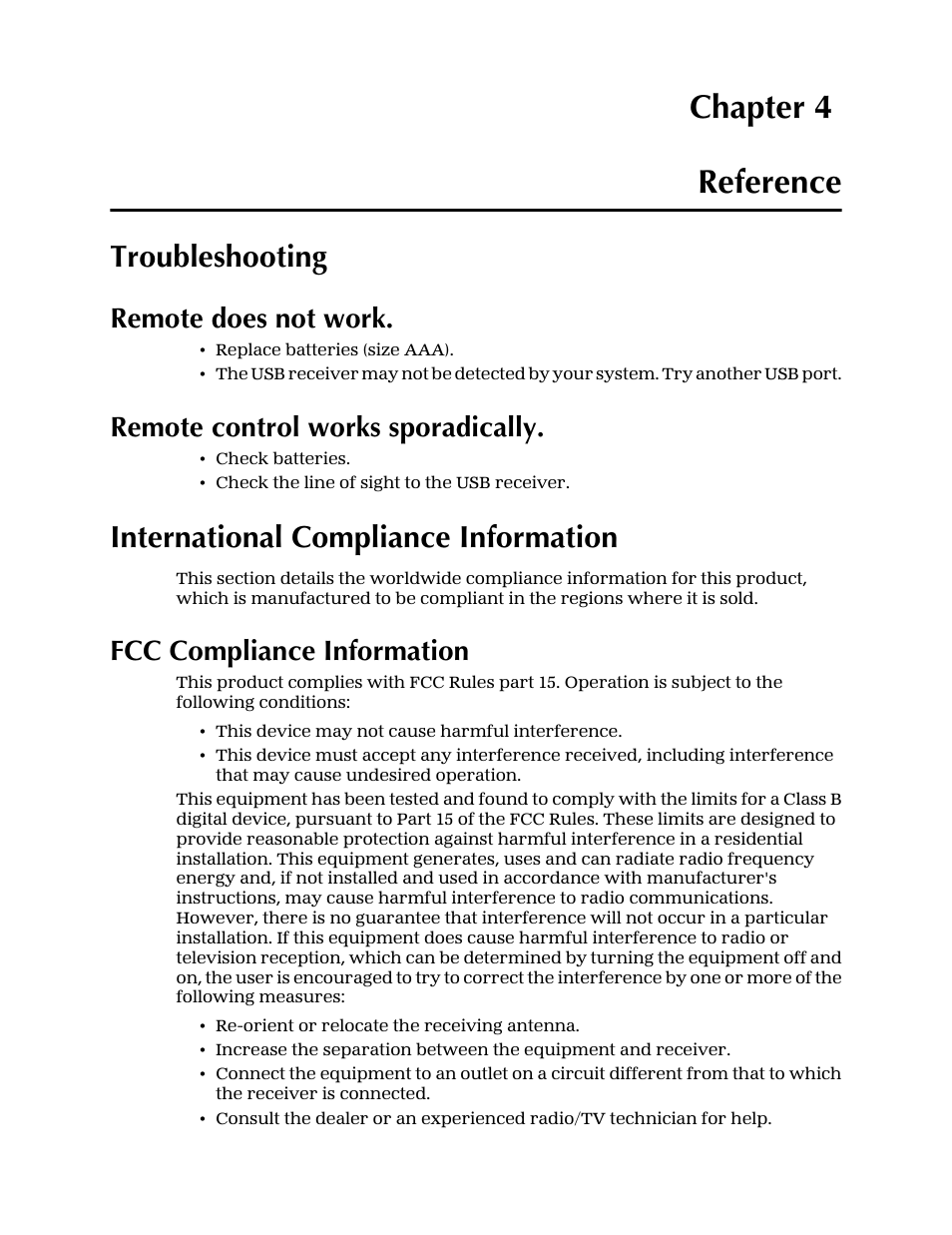 Chapter 4 — reference, Troubleshooting, Remote does not work | Remote control works sporadically, International compliance information, Fcc compliance information, Reference, Chapter 4 reference | AMD ATI Theater User Manual | Page 13 / 16