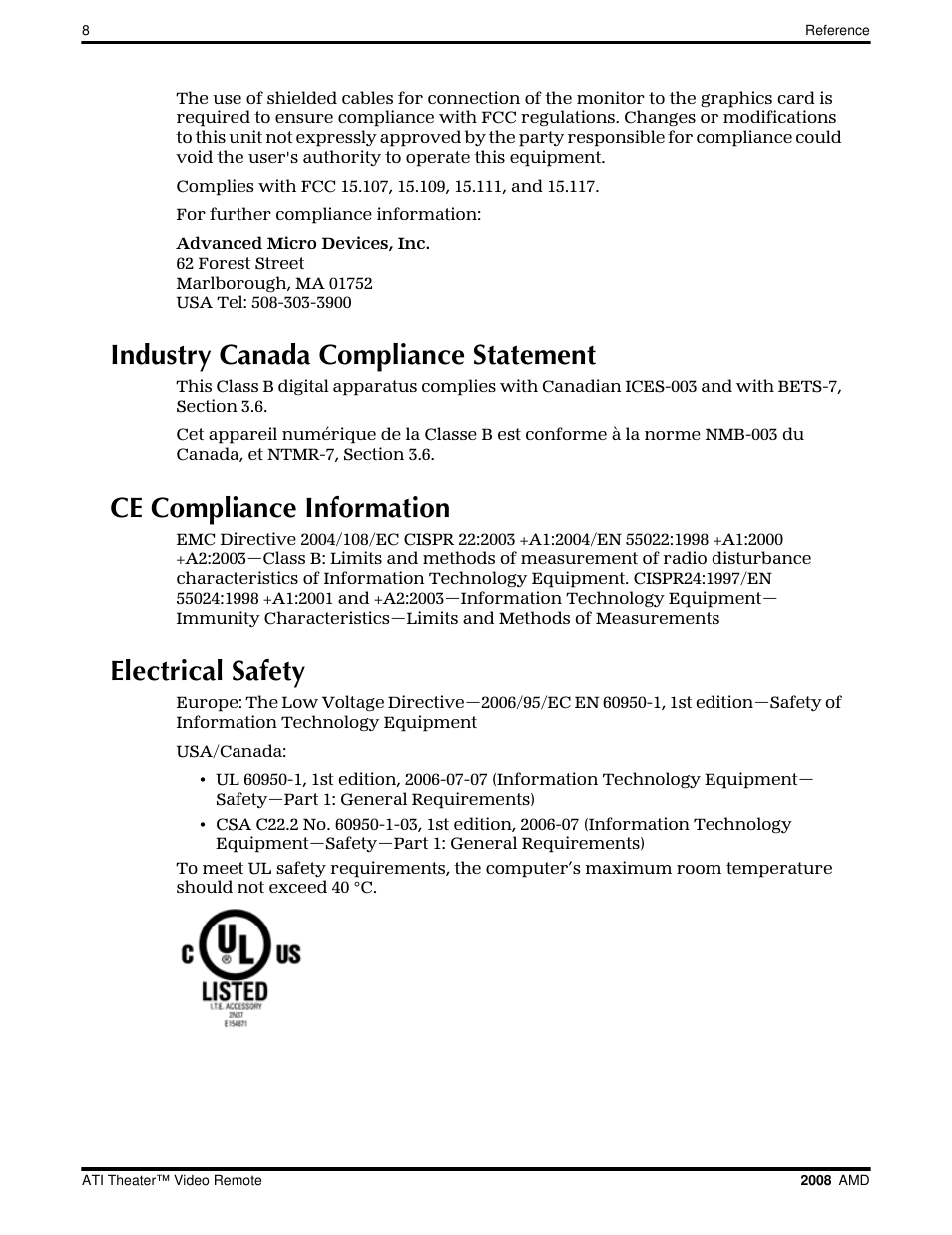 Industry canada compliance statement, Ce compliance information, Electrical safety | AMD ATI Theater User Manual | Page 14 / 16