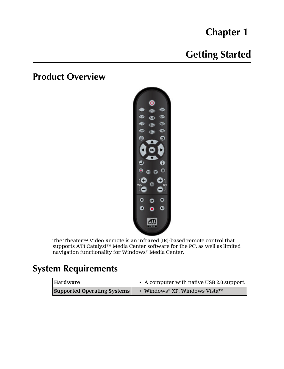 Chapter 1 — getting started, Product overview, System requirements | Getting started, Product overview system requirements, Chapter 1 getting started | AMD ATI Theater User Manual | Page 7 / 16