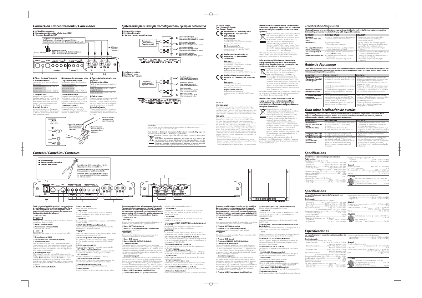 Troubleshooting guide, Guide de dépannage, Guía sobre localización de averías | Specifications, Spécifications, Especificaciones | Kenwood XR400-4 User Manual | Page 2 / 2