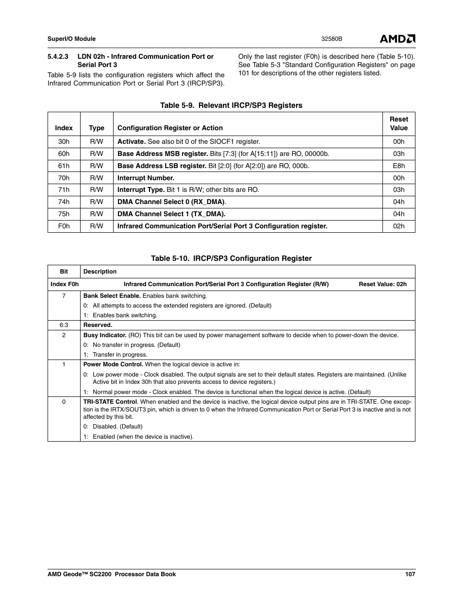 Table 5-9, Relevant ircp/sp3 registers, Table 5-10 | Ircp/sp3 configuration register | AMD Geode SC2200 User Manual | Page 101 / 429