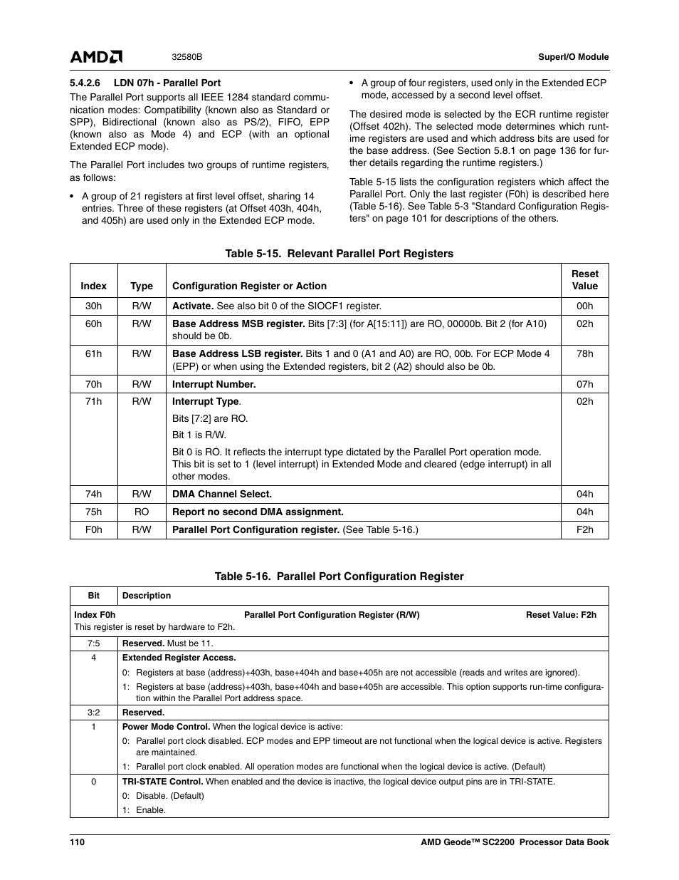 6 ldn 07h - parallel port, Table 5-15, Relevant parallel port registers | Table 5-16, Parallel port configuration register | AMD Geode SC2200 User Manual | Page 104 / 429