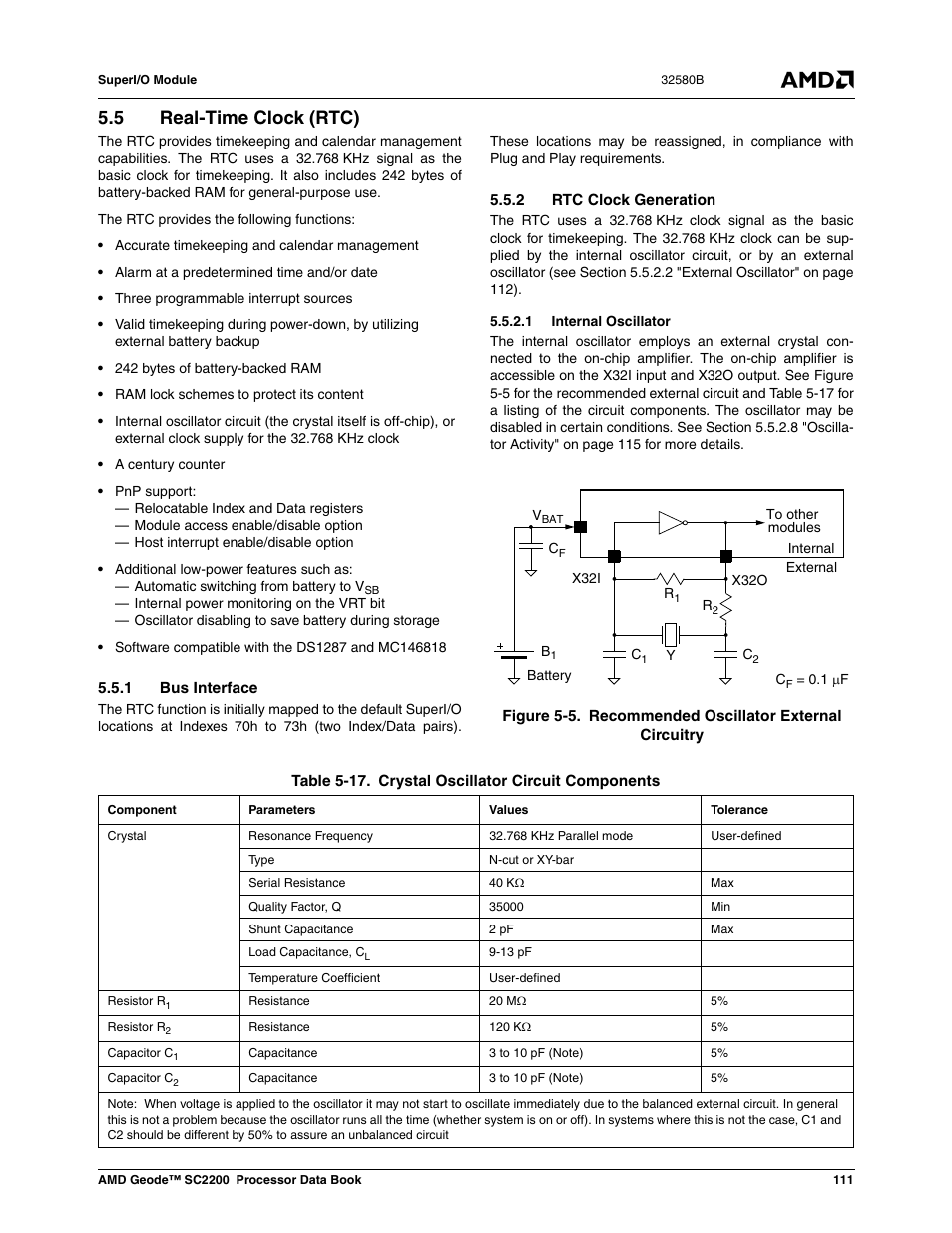 5 real-time clock (rtc), 1 bus interface, 2 rtc clock generation | 1 internal oscillator, Figure 5-5, Recommended oscillator external circuitry, Table 5-17, Crystal oscillator circuit components | AMD Geode SC2200 User Manual | Page 105 / 429