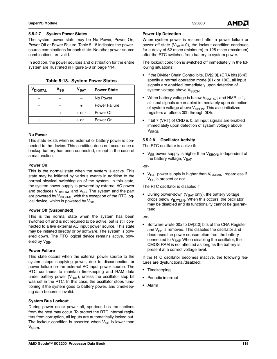 7 system power states, 8 oscillator activity, Table 5-18 | System power states | AMD Geode SC2200 User Manual | Page 109 / 429