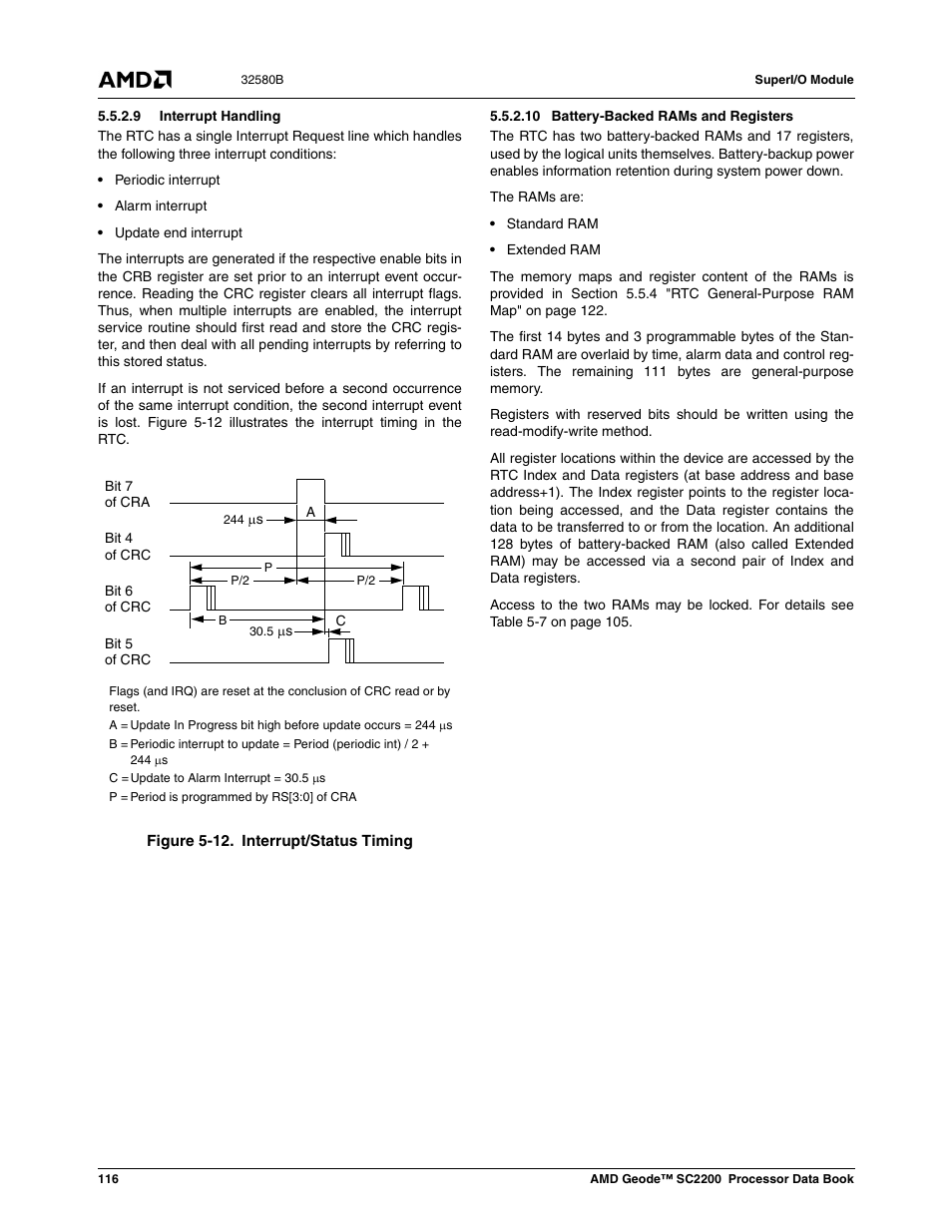 9 interrupt handling, 10 battery-backed rams and registers, Figure 5-12 | Interrupt/status timing | AMD Geode SC2200 User Manual | Page 110 / 429