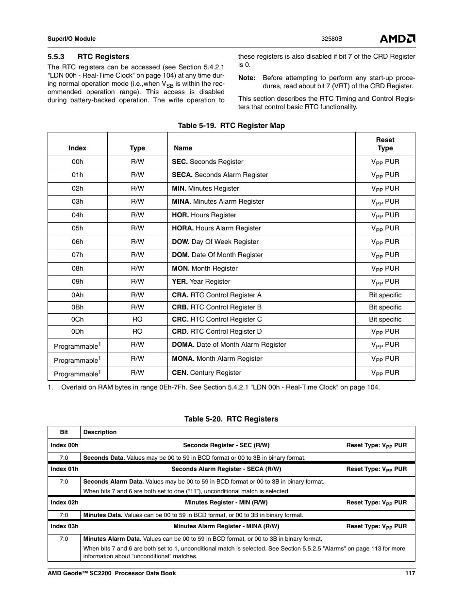 3 rtc registers, Table 5-19, Rtc register map | Table 5-20, Rtc registers | AMD Geode SC2200 User Manual | Page 111 / 429