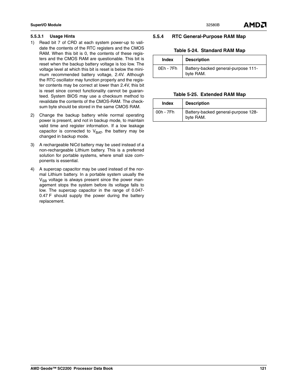 1 usage hints, 4 rtc general-purpose ram map, Table 5-24 | Standard ram map, Table 5-25, Extended ram map | AMD Geode SC2200 User Manual | Page 115 / 429