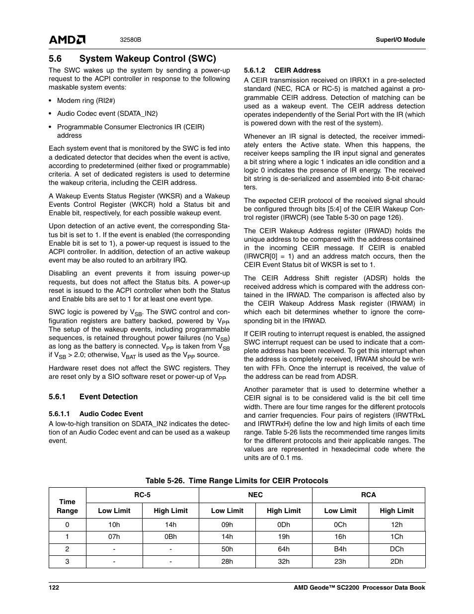 6 system wakeup control (swc), 1 event detection, 1 audio codec event | 2 ceir address, Table 5-26, Time range limits for ceir protocols | AMD Geode SC2200 User Manual | Page 116 / 429