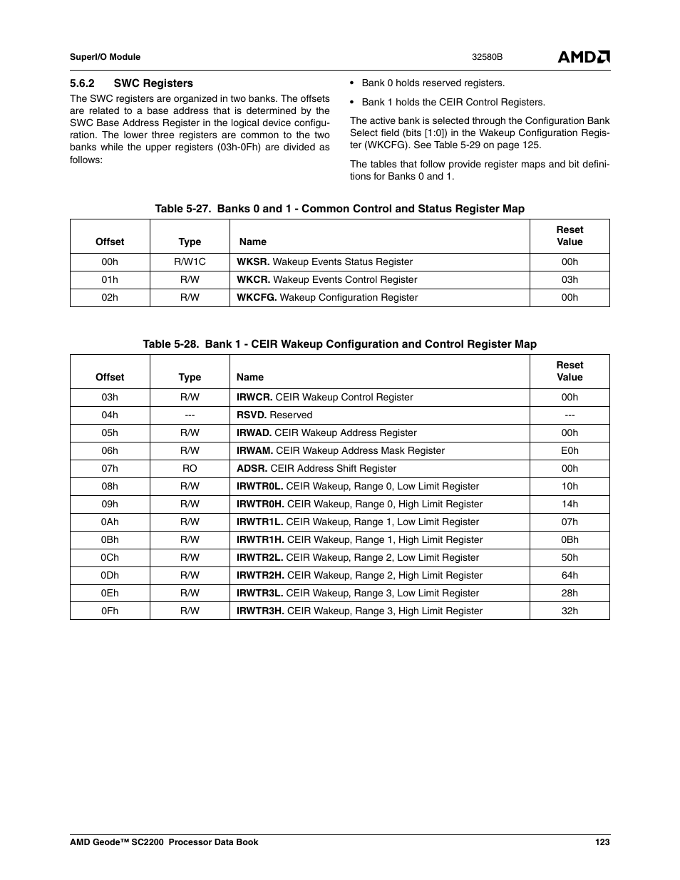 2 swc registers, Table 5-27, Table 5-28 | AMD Geode SC2200 User Manual | Page 117 / 429