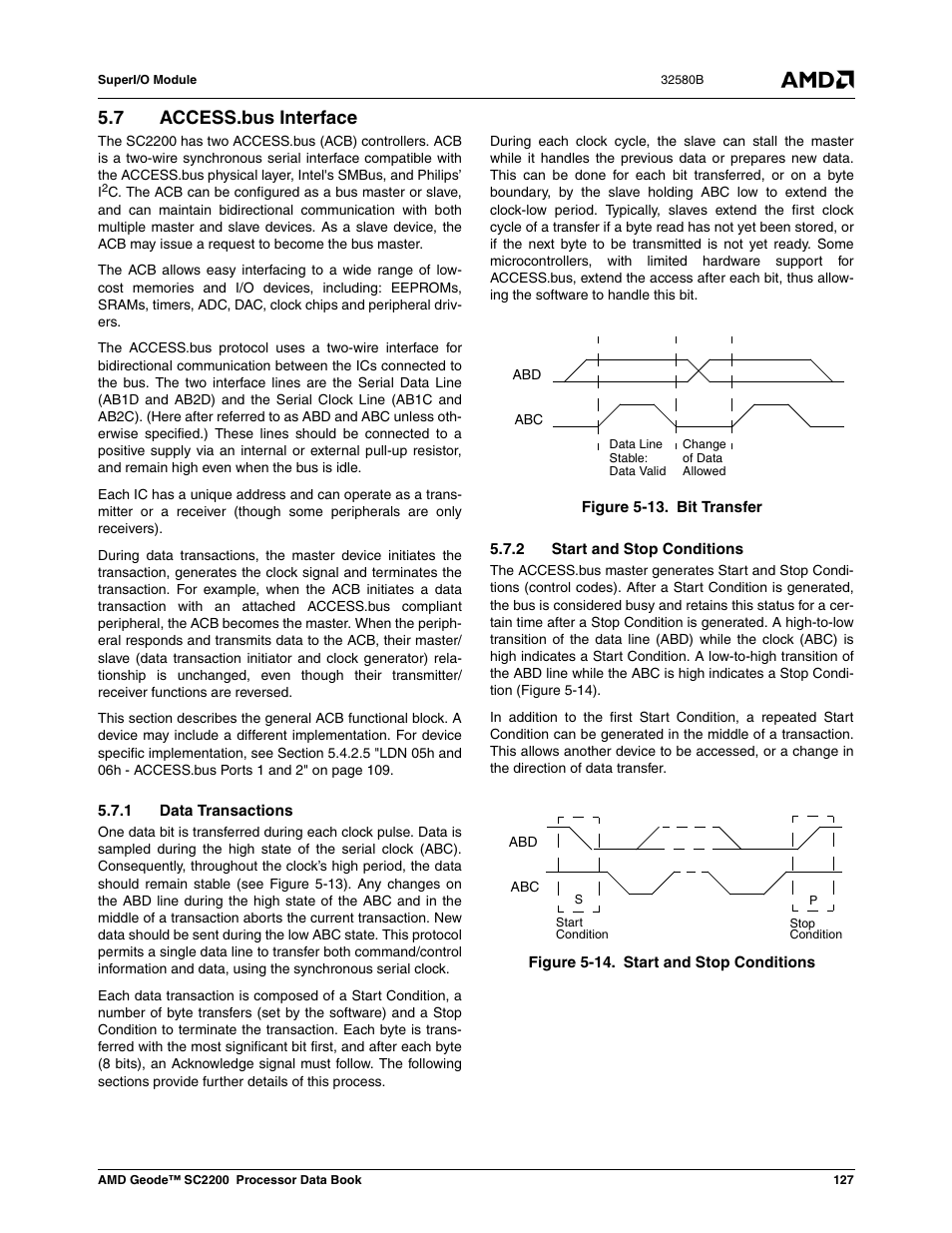 7 access.bus interface, 1 data transactions, 2 start and stop conditions | Figure 5-13, Bit transfer, Figure 5-14, Start and stop conditions | AMD Geode SC2200 User Manual | Page 121 / 429