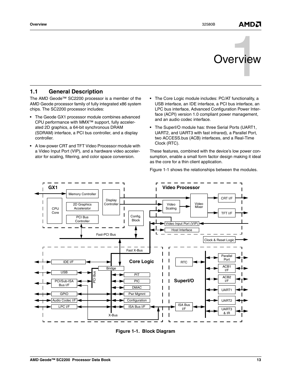 Overview, 1 general description, Figure 1-1 | Block diagram, 0 overview | AMD Geode SC2200 User Manual | Page 13 / 429