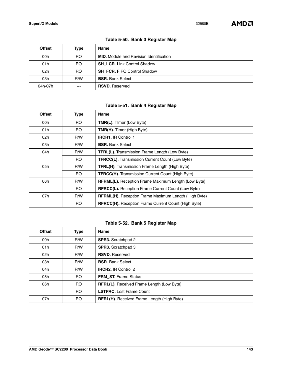 Table 5-50, Bank 3 register map, Table 5-51 | Bank 4 register map, Table 5-52, Bank 5 register map | AMD Geode SC2200 User Manual | Page 137 / 429