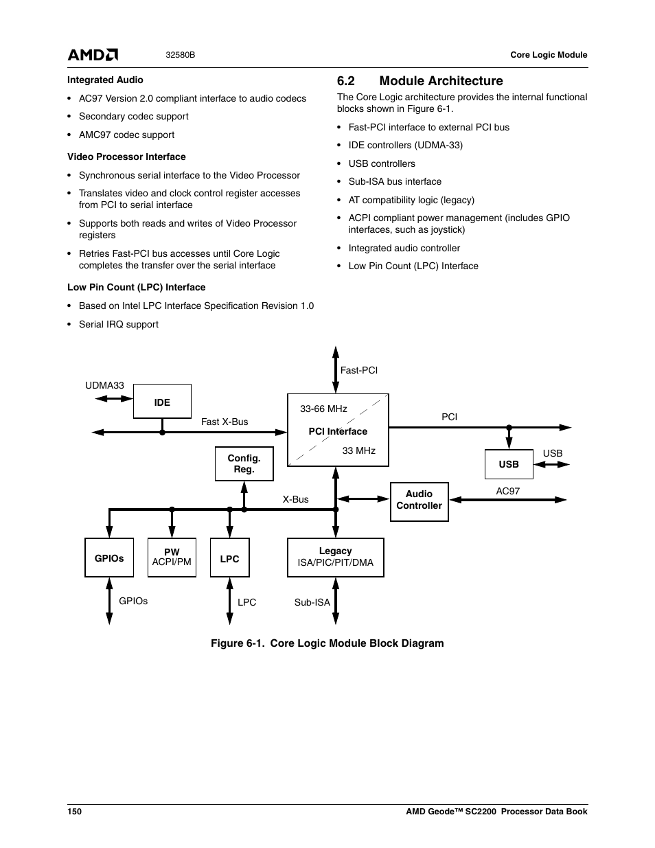 2 module architecture, Figure 6-1, Core logic module block diagram | AMD Geode SC2200 User Manual | Page 142 / 429