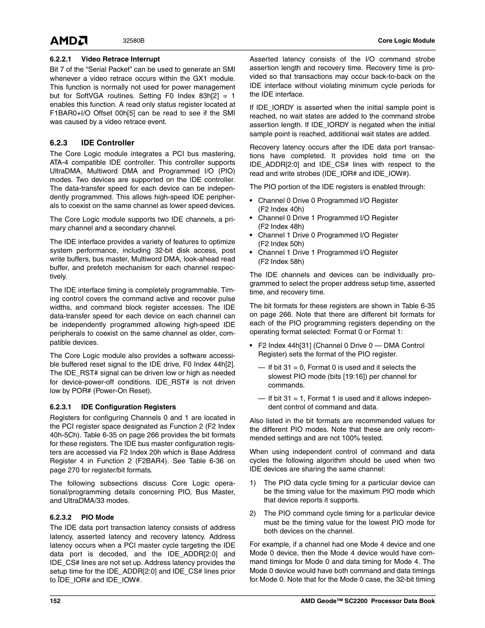 1 video retrace interrupt, 3 ide controller, 1 ide configuration registers | 2 pio mode | AMD Geode SC2200 User Manual | Page 144 / 429