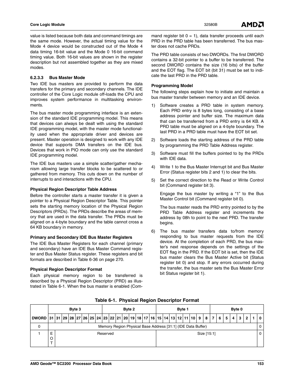 3 bus master mode, Table 6-1, Physical region descriptor format | AMD Geode SC2200 User Manual | Page 145 / 429