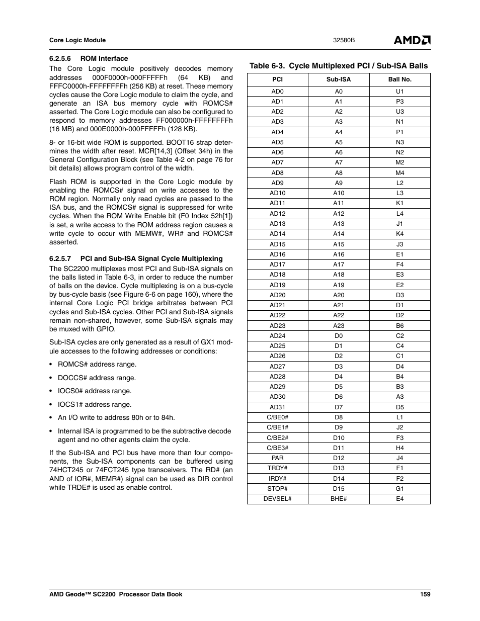 6 rom interface, 7 pci and sub-isa signal cycle multiplexing, Table 6-3 | Cycle multiplexed pci / sub-isa balls | AMD Geode SC2200 User Manual | Page 151 / 429