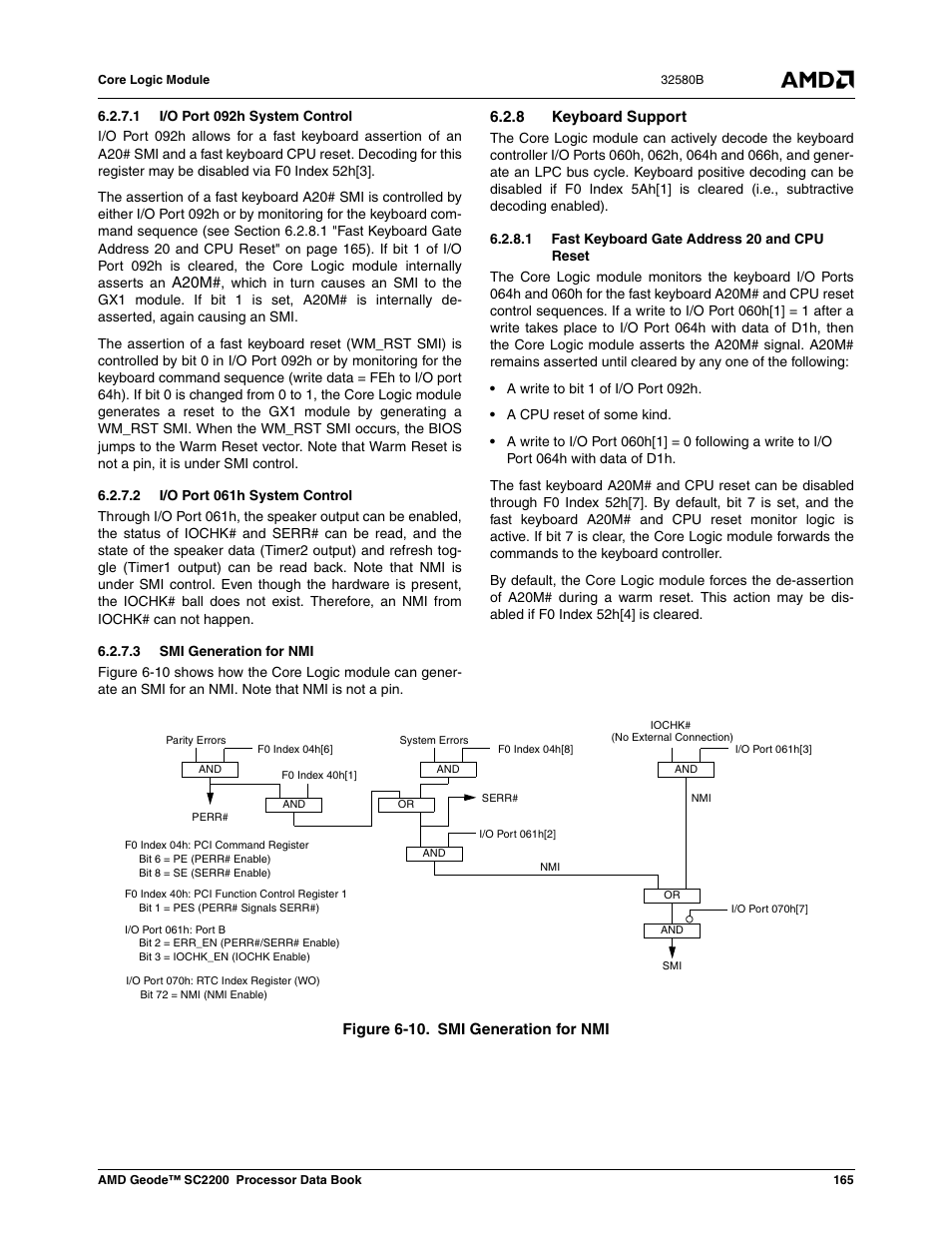 1 i/o port 092h system control, 2 i/o port 061h system control, 3 smi generation for nmi | 8 keyboard support, 1 fast keyboard gate address 20 and cpu reset, Figure 6-10, Smi generation for nmi | AMD Geode SC2200 User Manual | Page 157 / 429