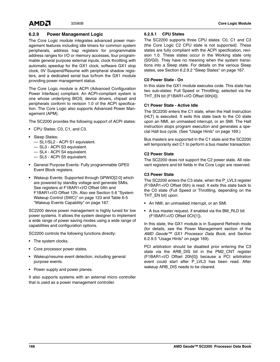 9 power management logic, 1 cpu states | AMD Geode SC2200 User Manual | Page 158 / 429