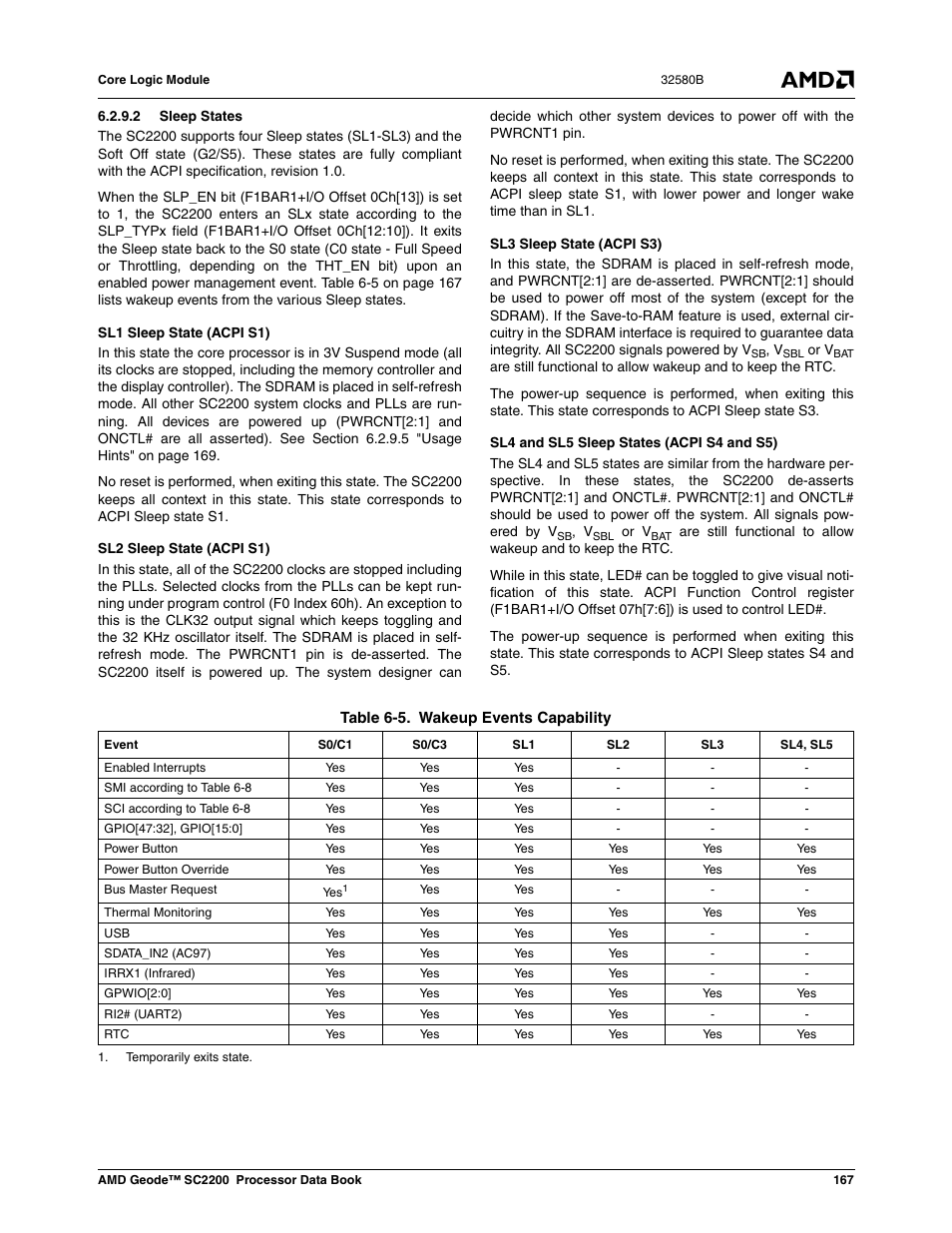 2 sleep states, Table 6-5, Wakeup events capability | AMD Geode SC2200 User Manual | Page 159 / 429