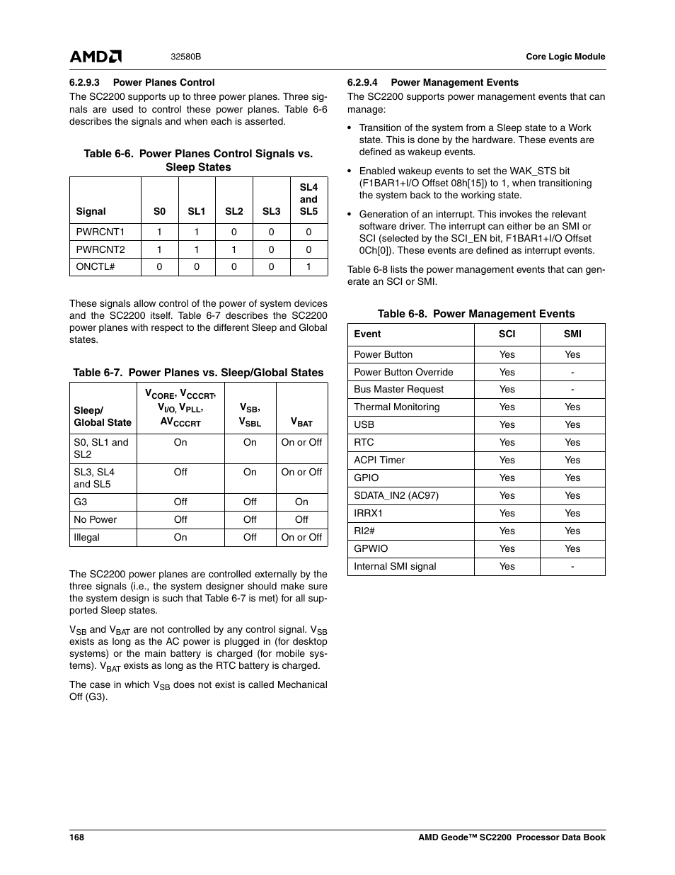 3 power planes control, 4 power management events, Table 6-6 | Power planes control signals vs. sleep states, Table 6-7, Power planes vs. sleep/global states, Table 6-8, Power management events, Cording to table 6-8 | AMD Geode SC2200 User Manual | Page 160 / 429