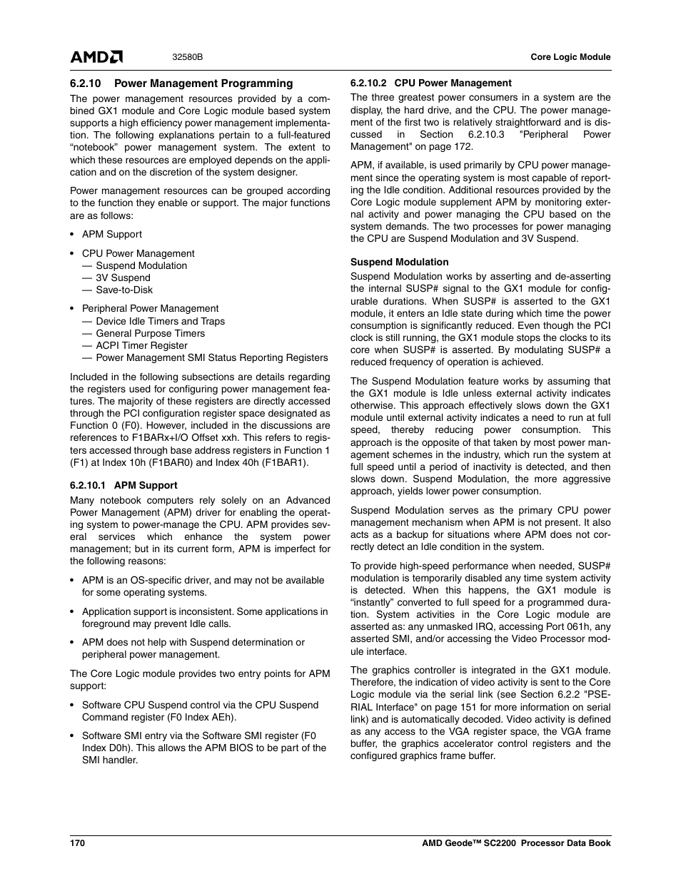 10 power management programming, 1 apm support, 2 cpu power management | AMD Geode SC2200 User Manual | Page 162 / 429