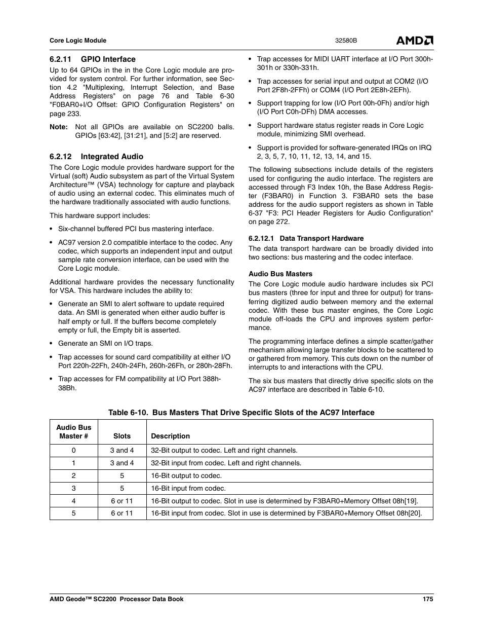 11 gpio interface, 12 integrated audio, 1 data transport hardware | Table 6-10 | AMD Geode SC2200 User Manual | Page 167 / 429