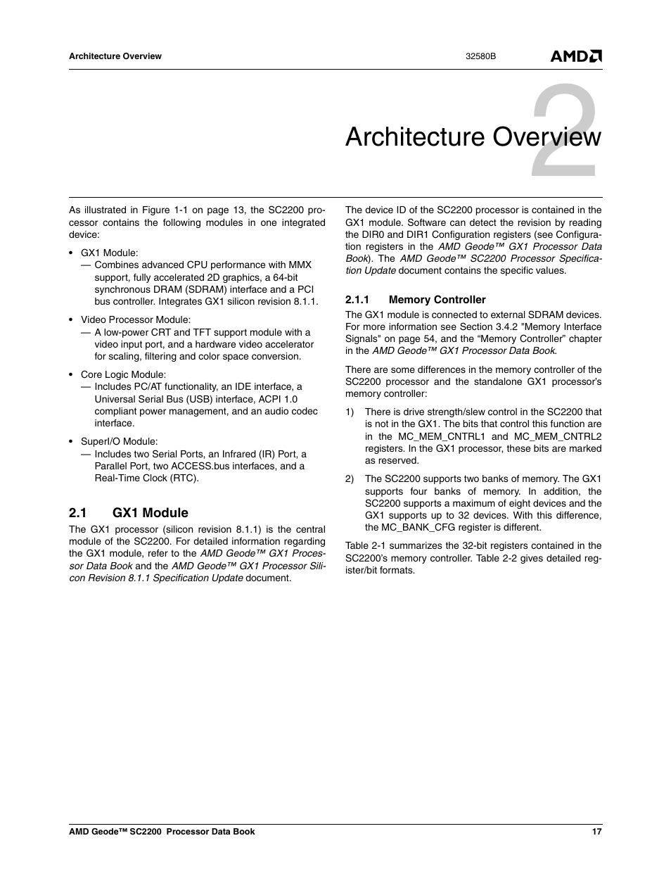 Architecture overview, 1 gx1 module, 1 memory controller | 0 architecture overview | AMD Geode SC2200 User Manual | Page 17 / 429