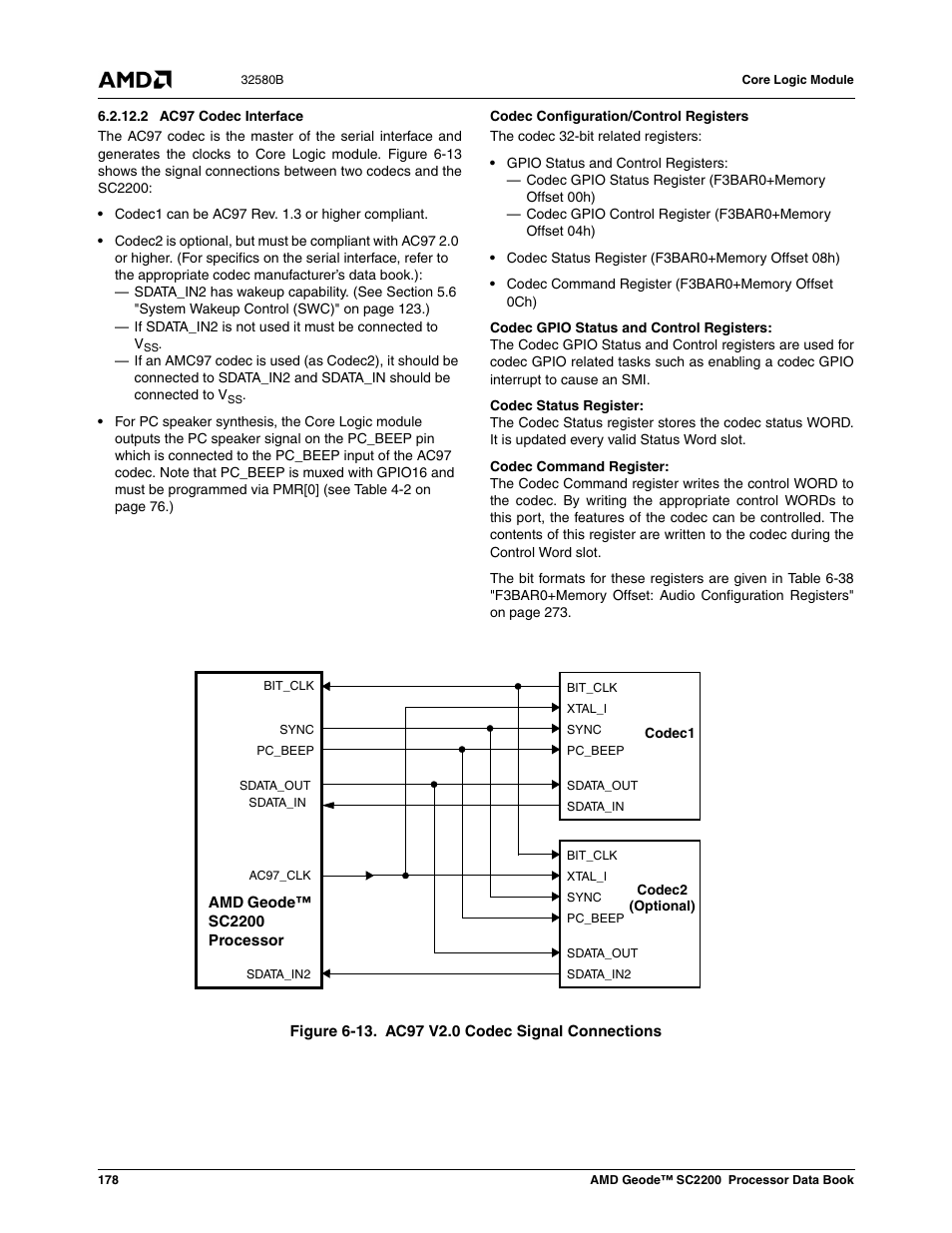 2 ac97 codec interface, Figure 6-13, Ac97 v2.0 codec signal connections | AMD Geode SC2200 User Manual | Page 170 / 429