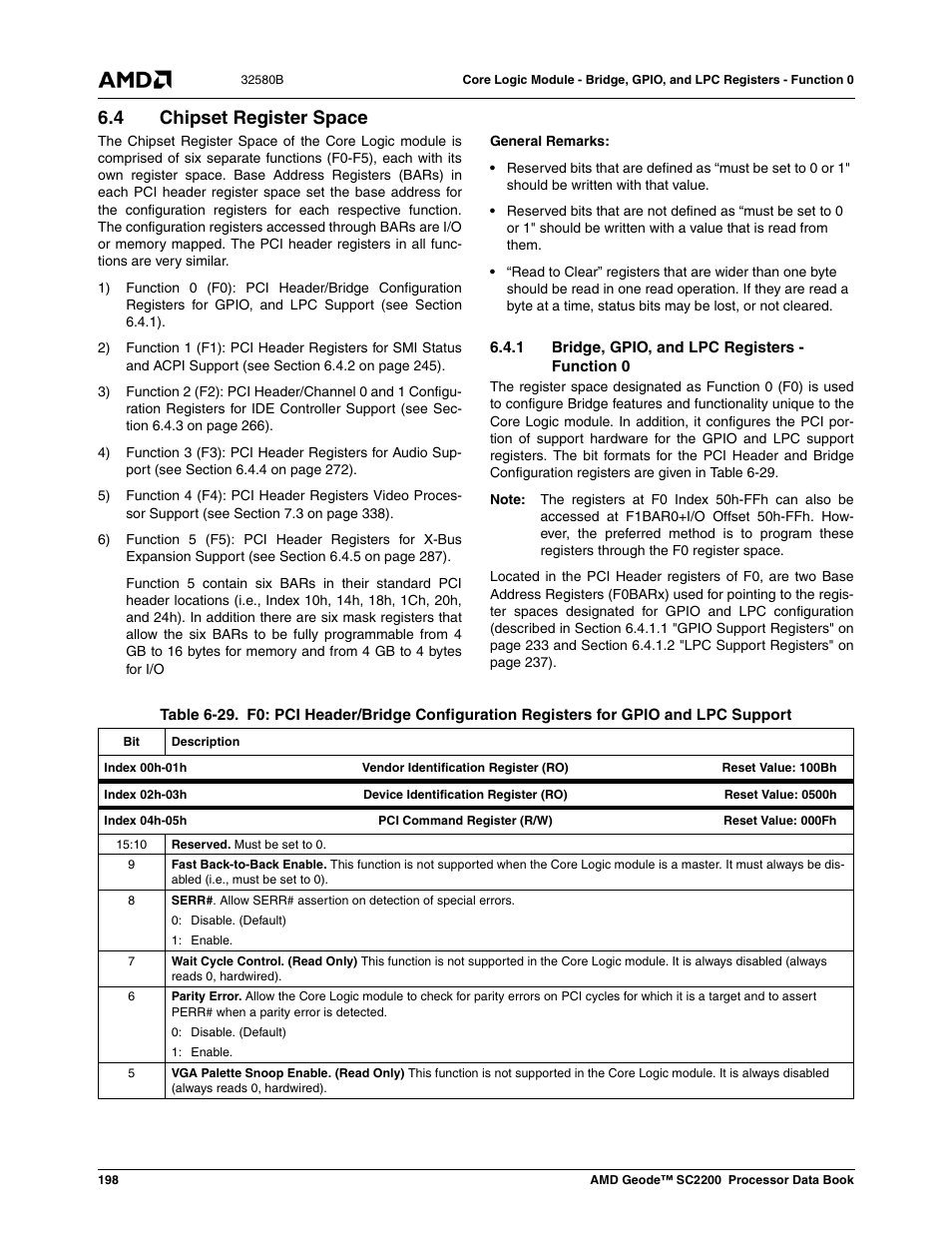 4 chipset register space, 1 bridge, gpio, and lpc registers - function 0, Table 6-29 | Table 6-29) | AMD Geode SC2200 User Manual | Page 190 / 429