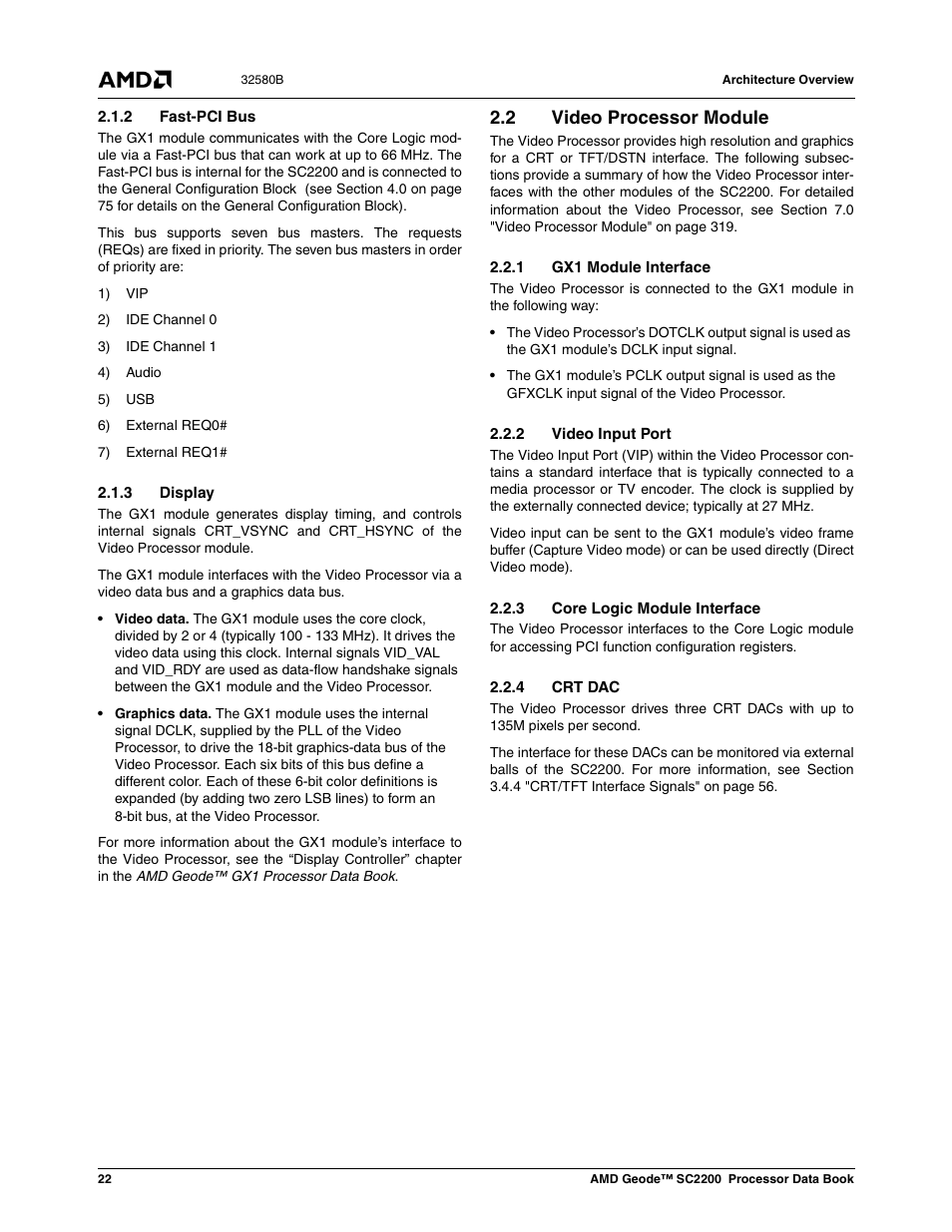 2 fast-pci bus, 3 display, 2 video processor module | 1 gx1 module interface, 2 video input port, 3 core logic module interface, 4 crt dac | AMD Geode SC2200 User Manual | Page 22 / 429